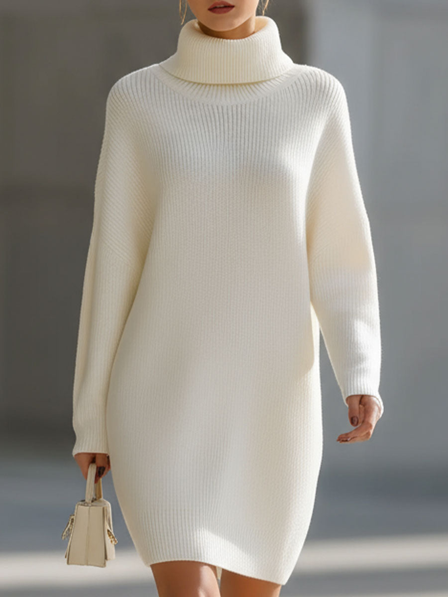 Elegant Cream Turtleneck Ribbed Knit Sweater Dress – Mooyius
