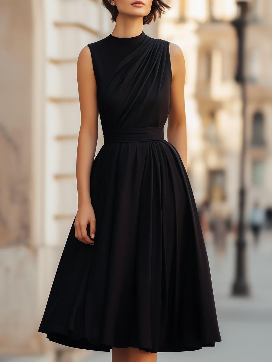 Classic A-Line Midi Dress with Asymmetric Pleats – Mooyius