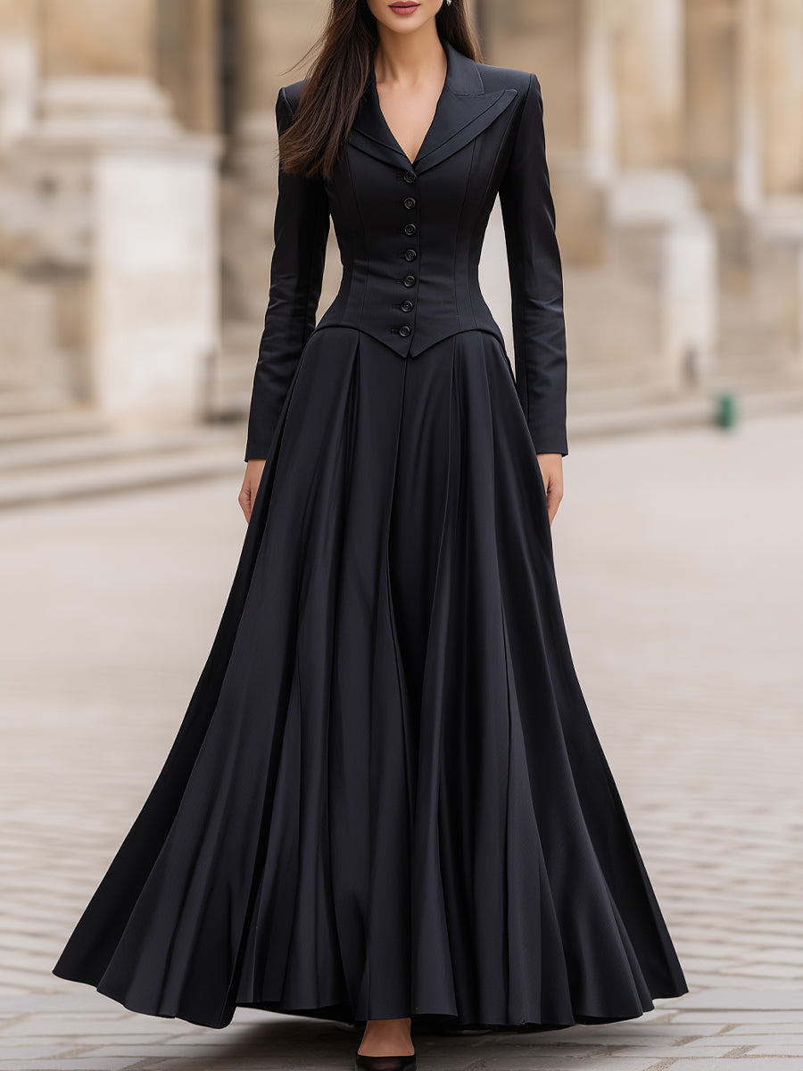 Elegant Tailored Waist Long-Sleeve Maxi Dress – Mooyius