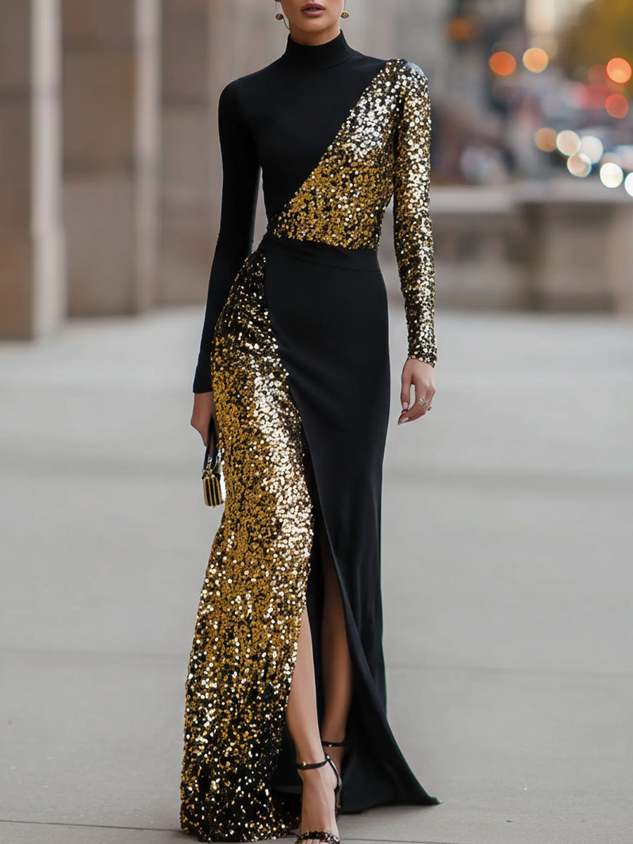 Elegant Black And Gold Sequin High-Neck Slit Maxi Dress – Mooyius