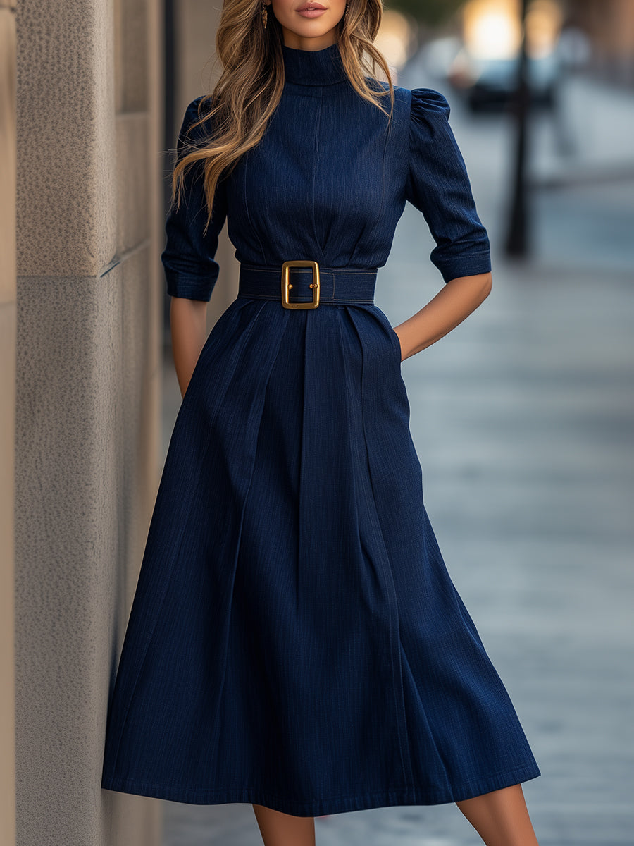 Bellona | Navy High-Neck High-Low Midi Dress