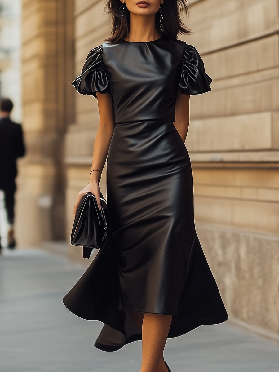 Black Faux Leather Midi Dress with Ruffled Sleeves – Mooyius