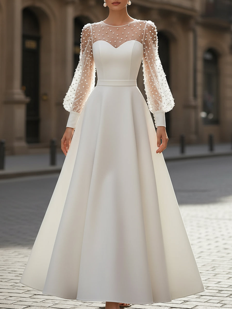 Elegant White Pearl Embellished A-Line Dress – Mooyius