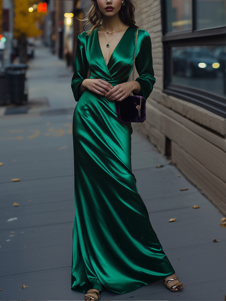 Satin Long Gown with Ruffled Sash Detail Dark Green