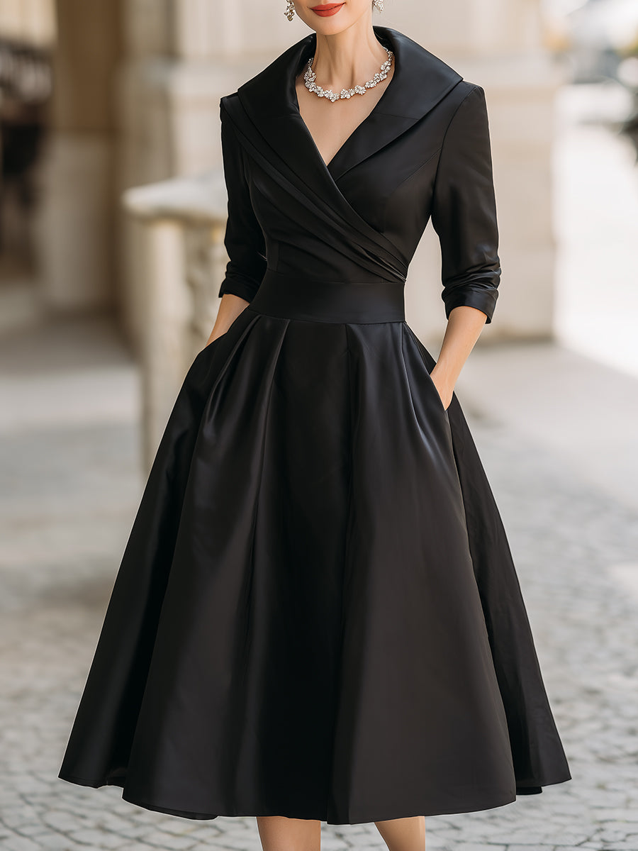 Vintage-Inspired Satin Midi Dress With Draped Collar Mooyius Vintage-Inspired Satin Midi Dress With Draped Collar Mooyius