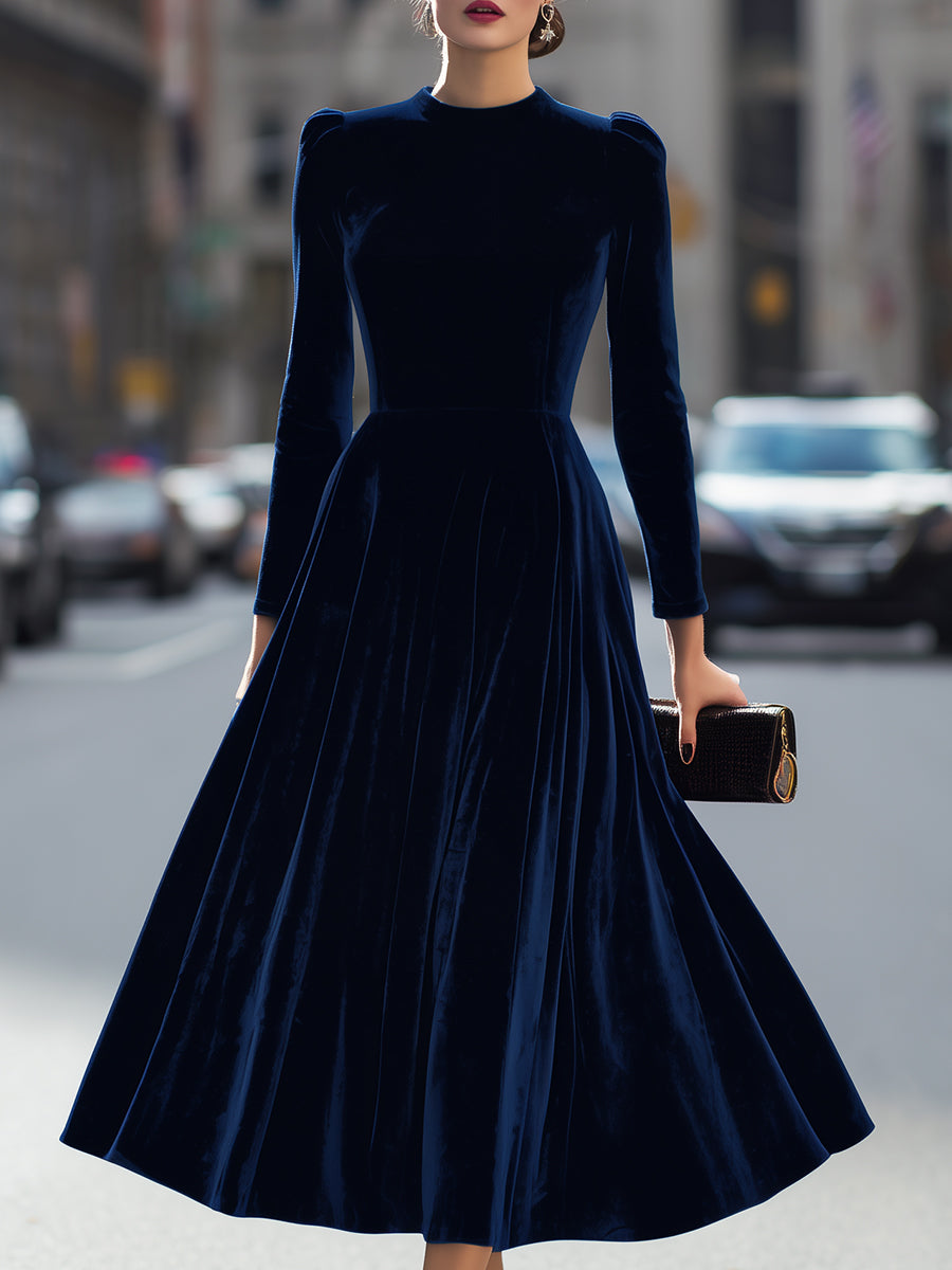 Luxurious Navy Blue Velvet Long-Sleeve Midi Dress – Mooyius