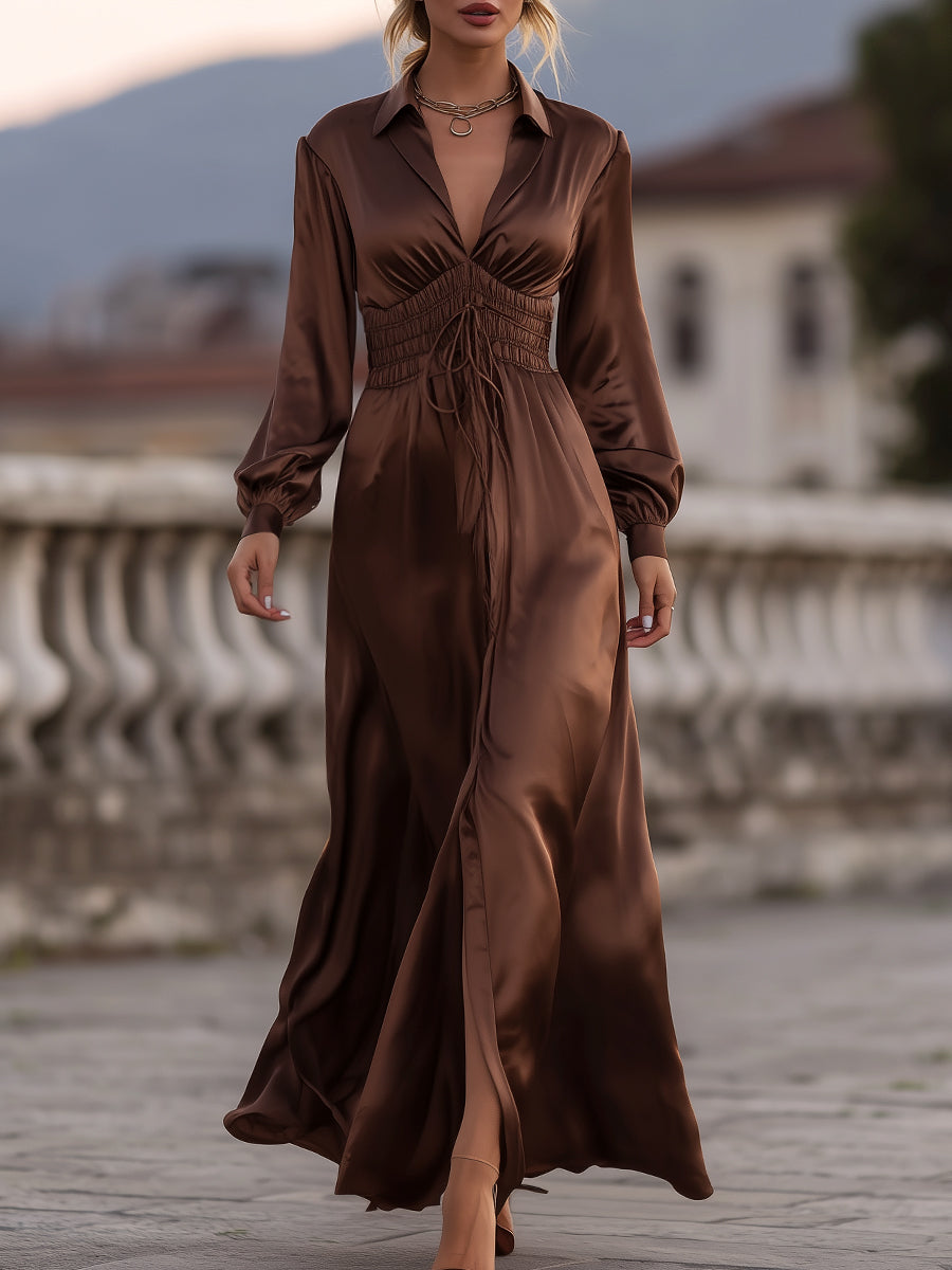 Mooyius Satin Cinched Waist Maxi Dress In Mocha Brown Mooyius Satin Cinched Waist Maxi Dress In Mocha Brown
