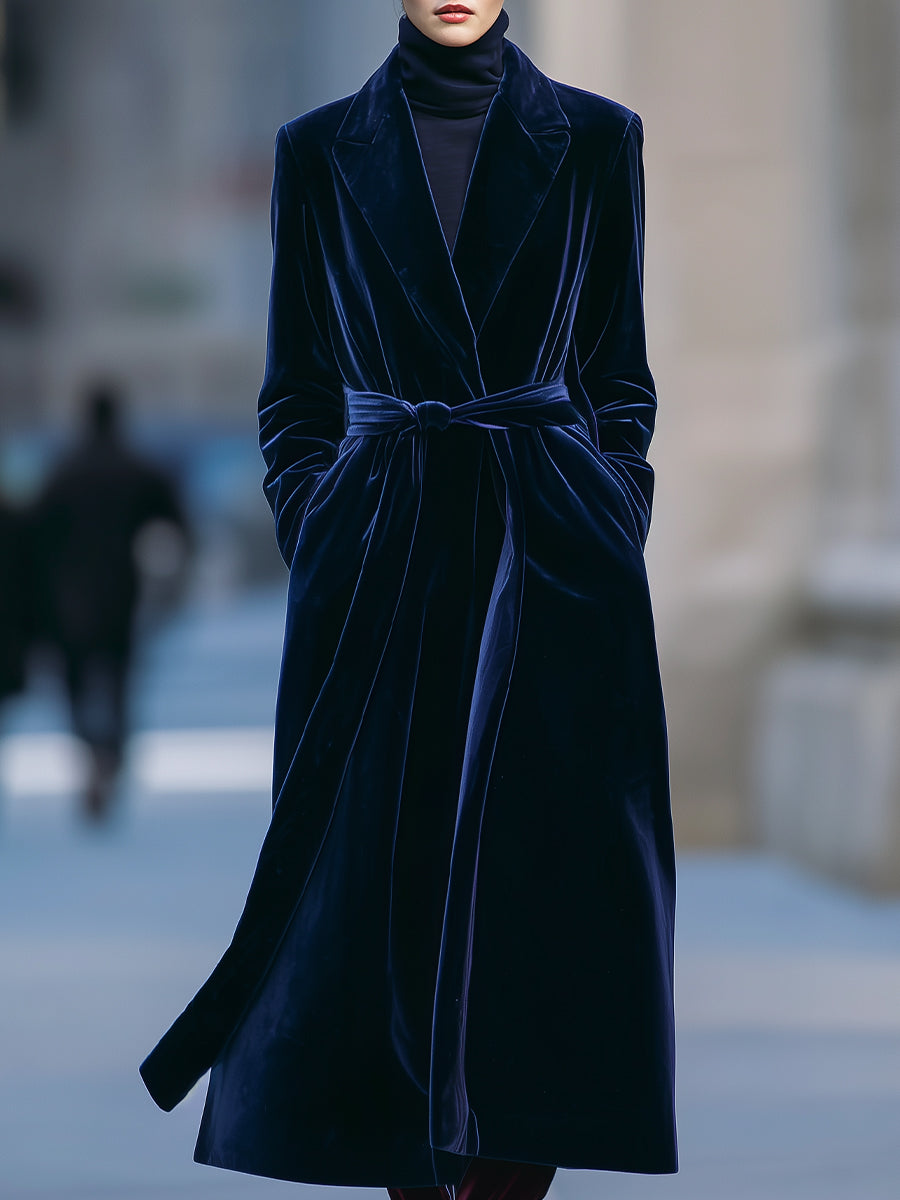 Luxurious Navy Blue Velvet Belted Coat – Mooyius