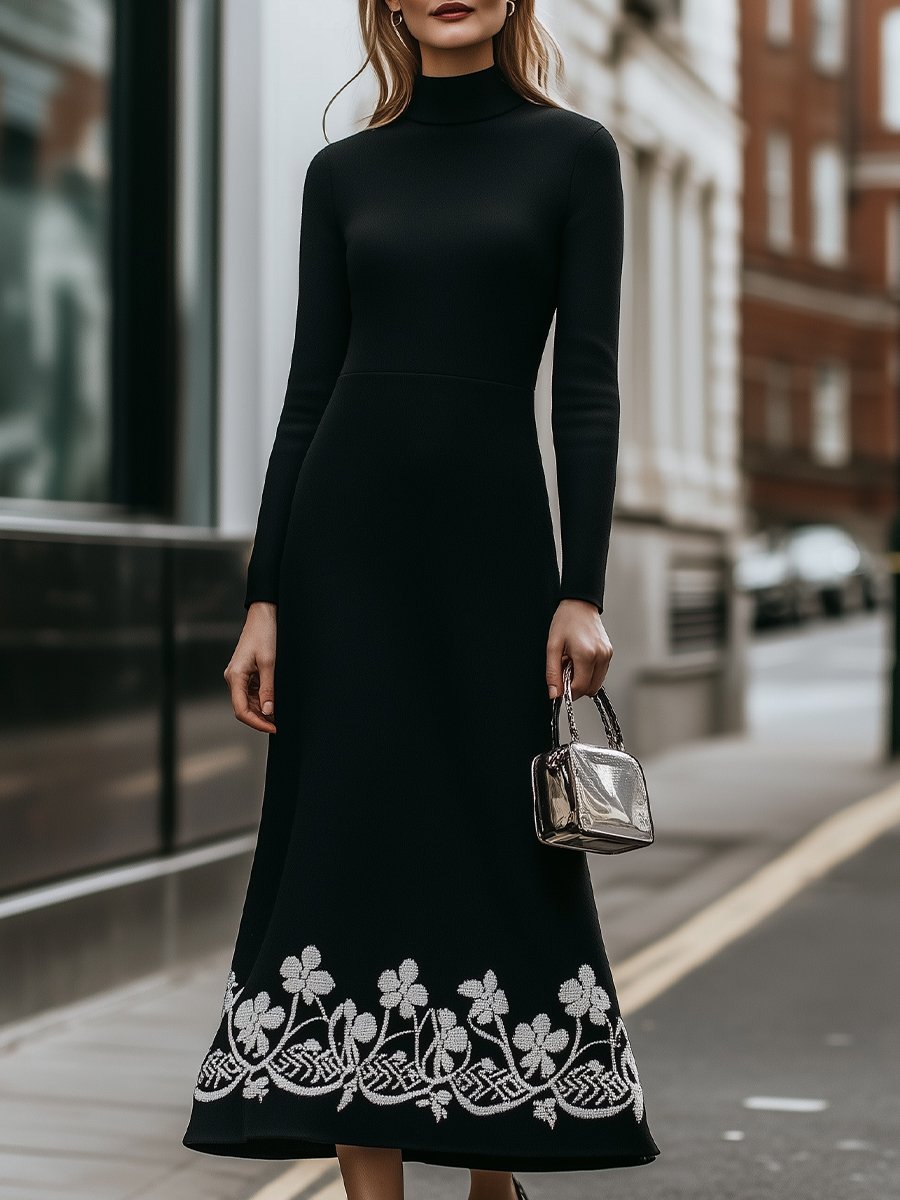 Black Turtleneck Dress with Intricate Embroidered Hem – Mooyius