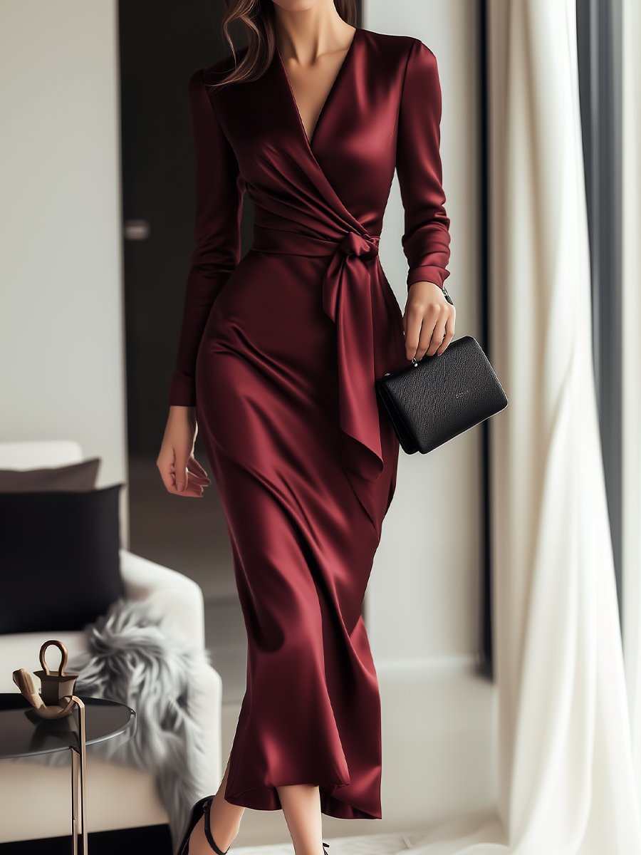 Wrap Satin Gown Burgundy main image 1