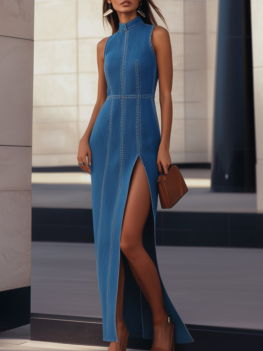 High-Neck Sleeveless Denim Maxi Dress with Front Slit