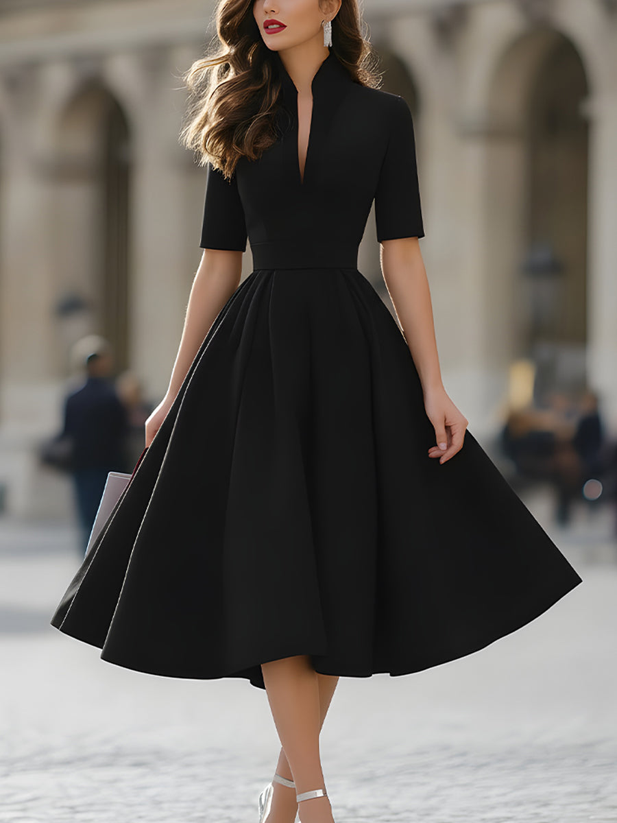 Elegant V-Neck Tailored A-Line Midi Dress