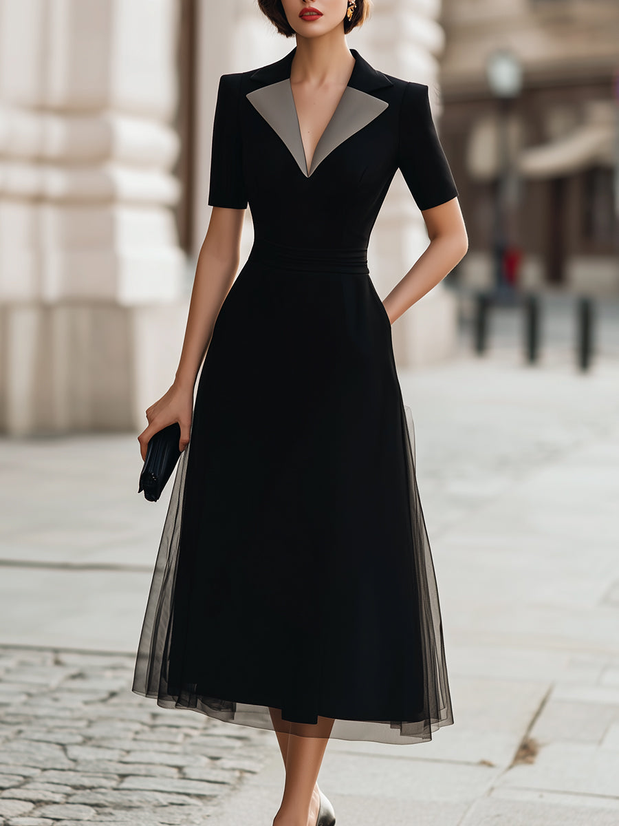 Silver-Trimmed Lapel Midi Dress
