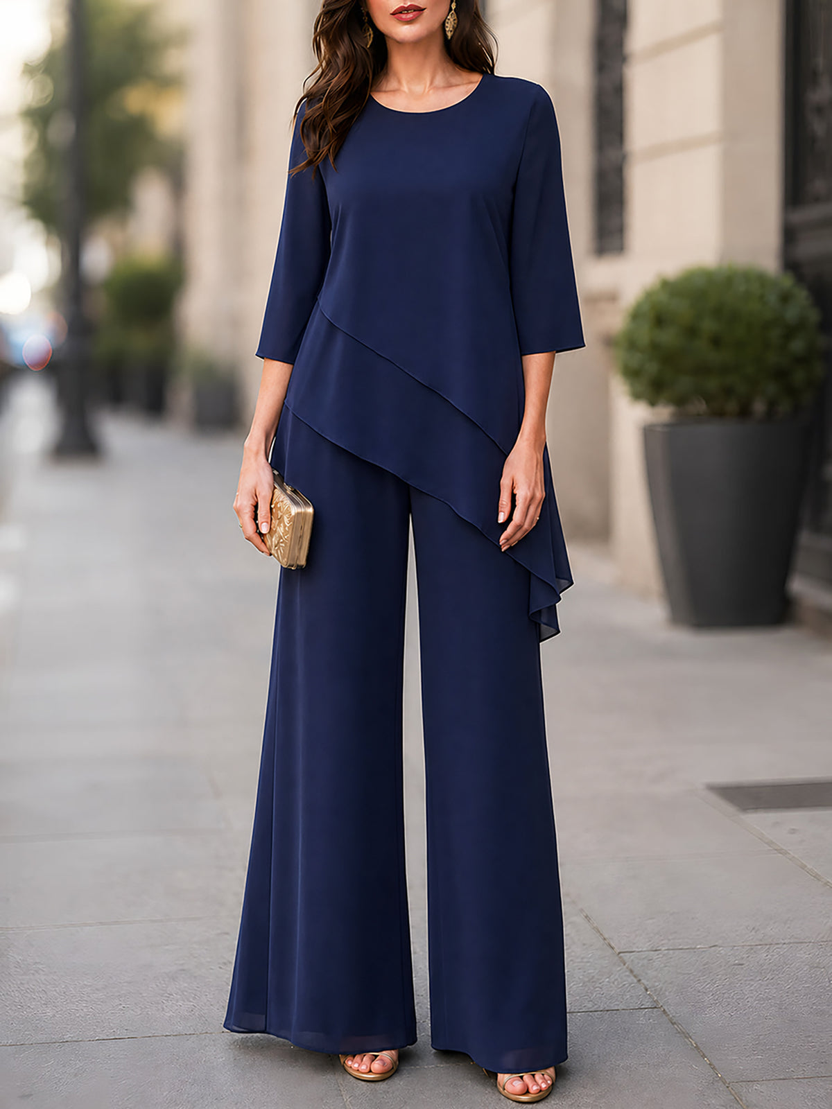 Asymmetric Layered Chiffon Tunic And Wide-Leg Pants Set