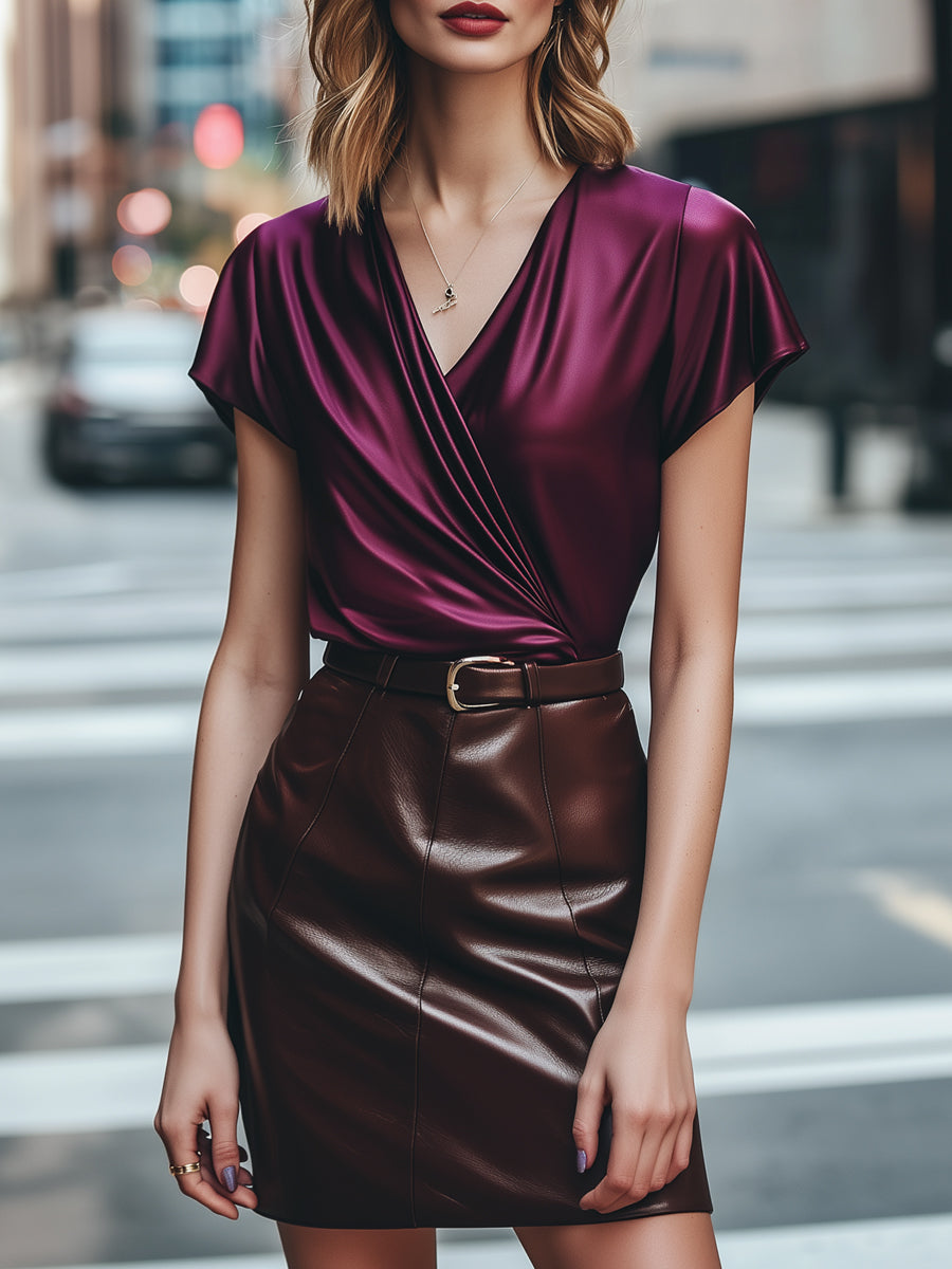 Satin Wrap Blouse with Belted Leather Pencil Skirt Set