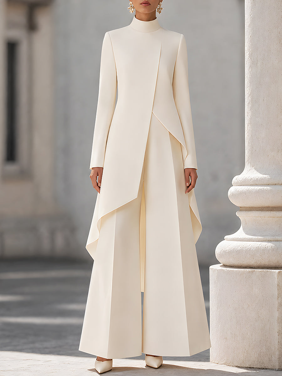 Elegant Ivory High Neck Tailored Longline Coat Set