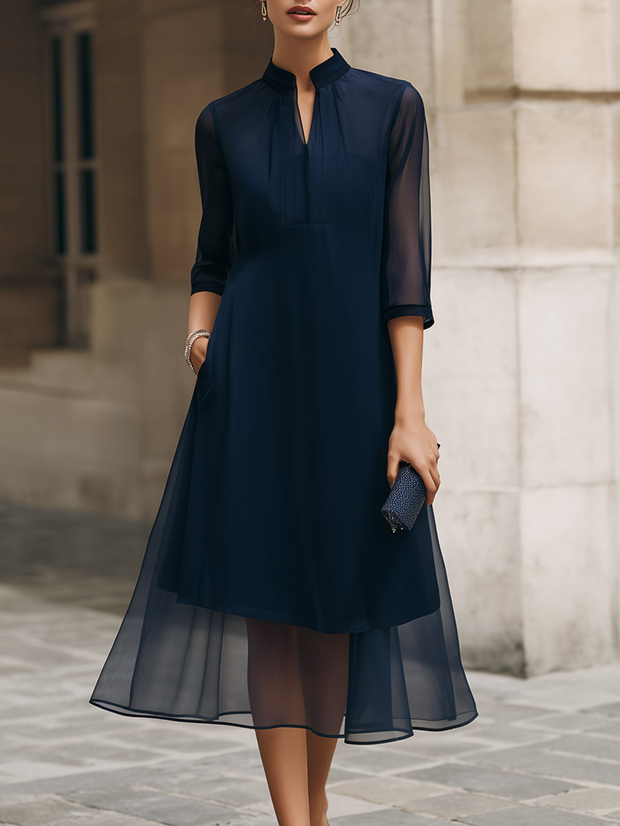 Mandarin Collar Sheer Overlay Midi Dress
