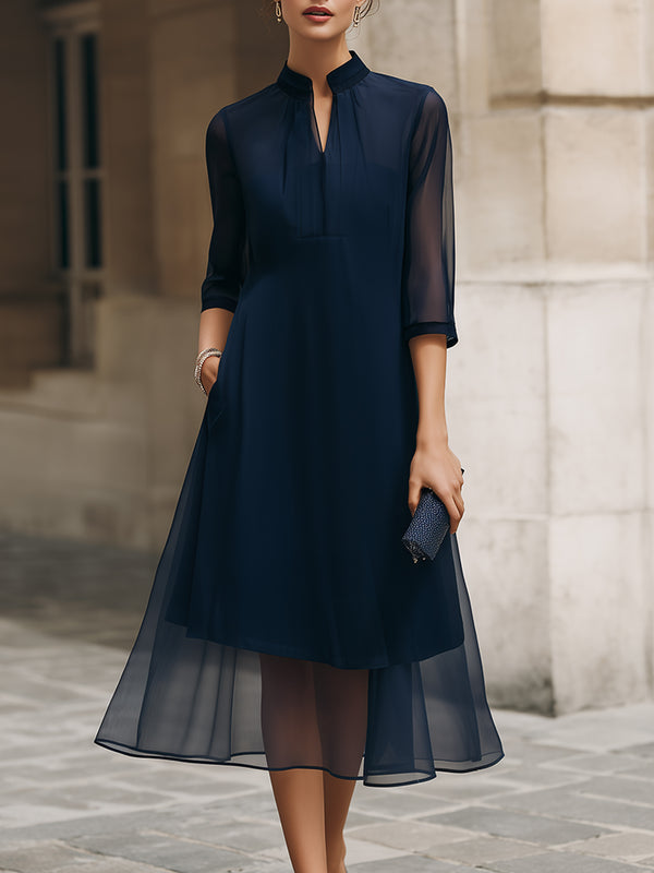 Mandarin Collar Sheer Overlay Midi Dress
