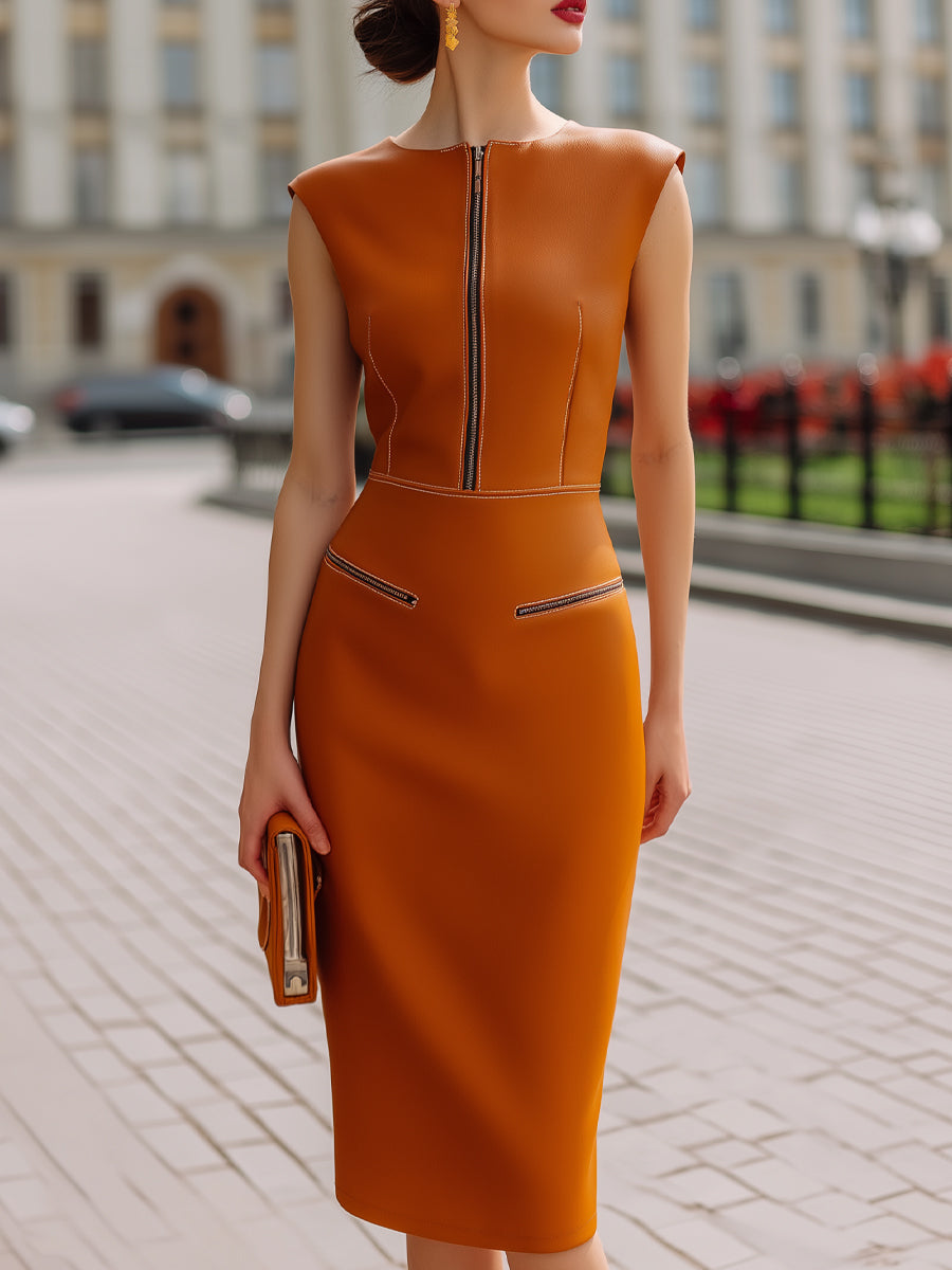 Zip-Front Structured Midi Dress With Pocket Detail