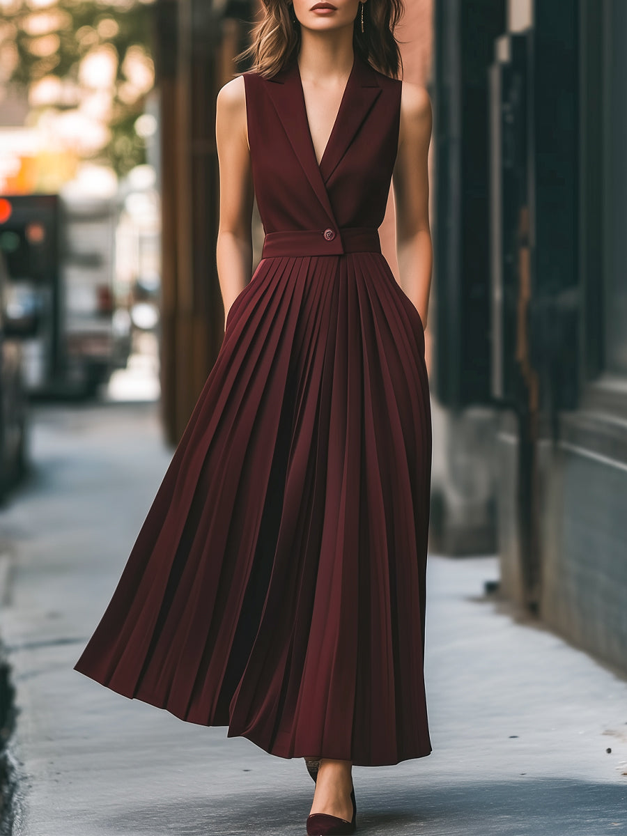 Elegant Burgundy Sleeveless Pleated Maxi Dress