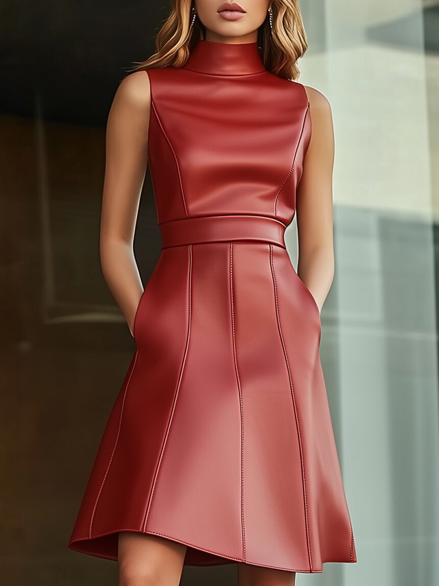 Sleek Sleeveless Red Faux Leather A-Line Dress