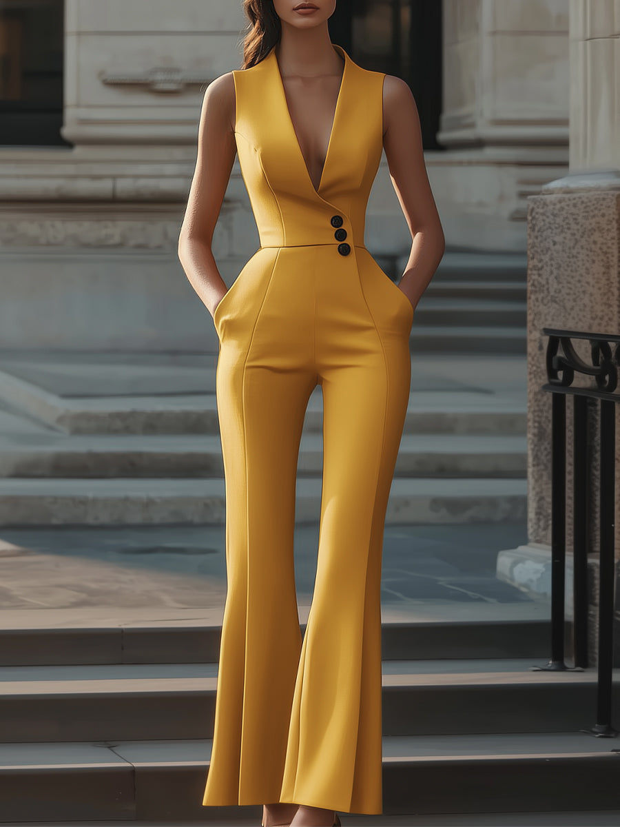 Tailored Mustard Yellow Sleeveless Jumpsuit with Flared Legs