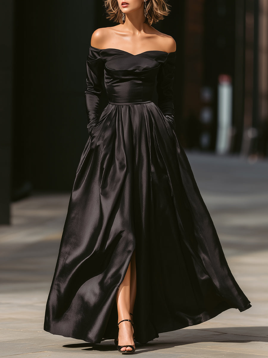 Off-Shoulder Long-Sleeve Satin Gown With Front Slit