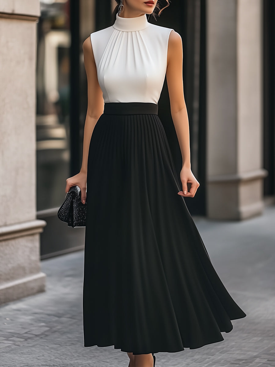 Elegant High Neck Blouse Pleated Maxi Skirt Set