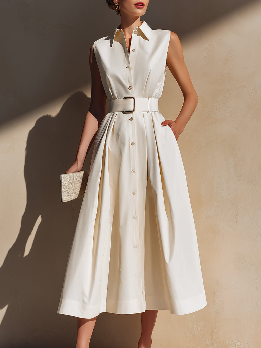 Sleeveless Belted Shirt Midi Dress