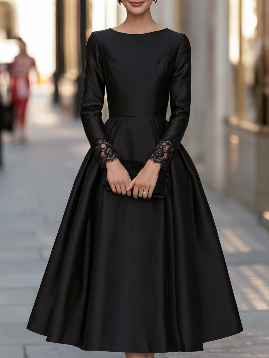 Lace Cuff Long Sleeve Pleated A-Line Midi Dress