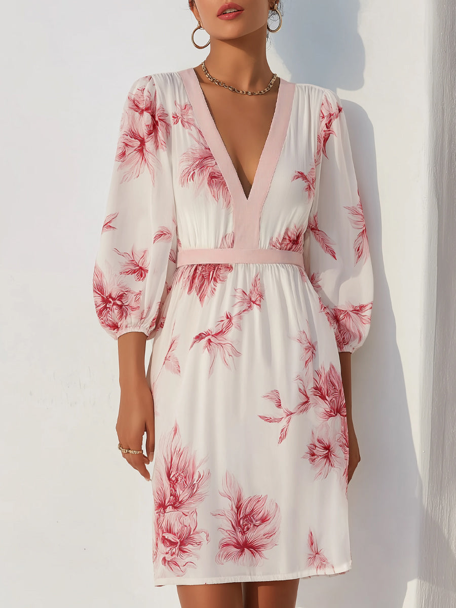 Floral Contrast Trim V-Neck Mini Dress