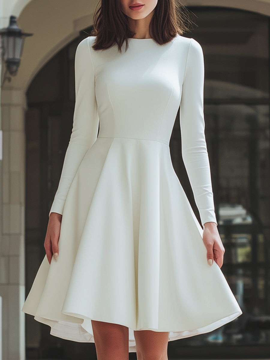 White Long-Sleeve A-Line Flared Midi Dress