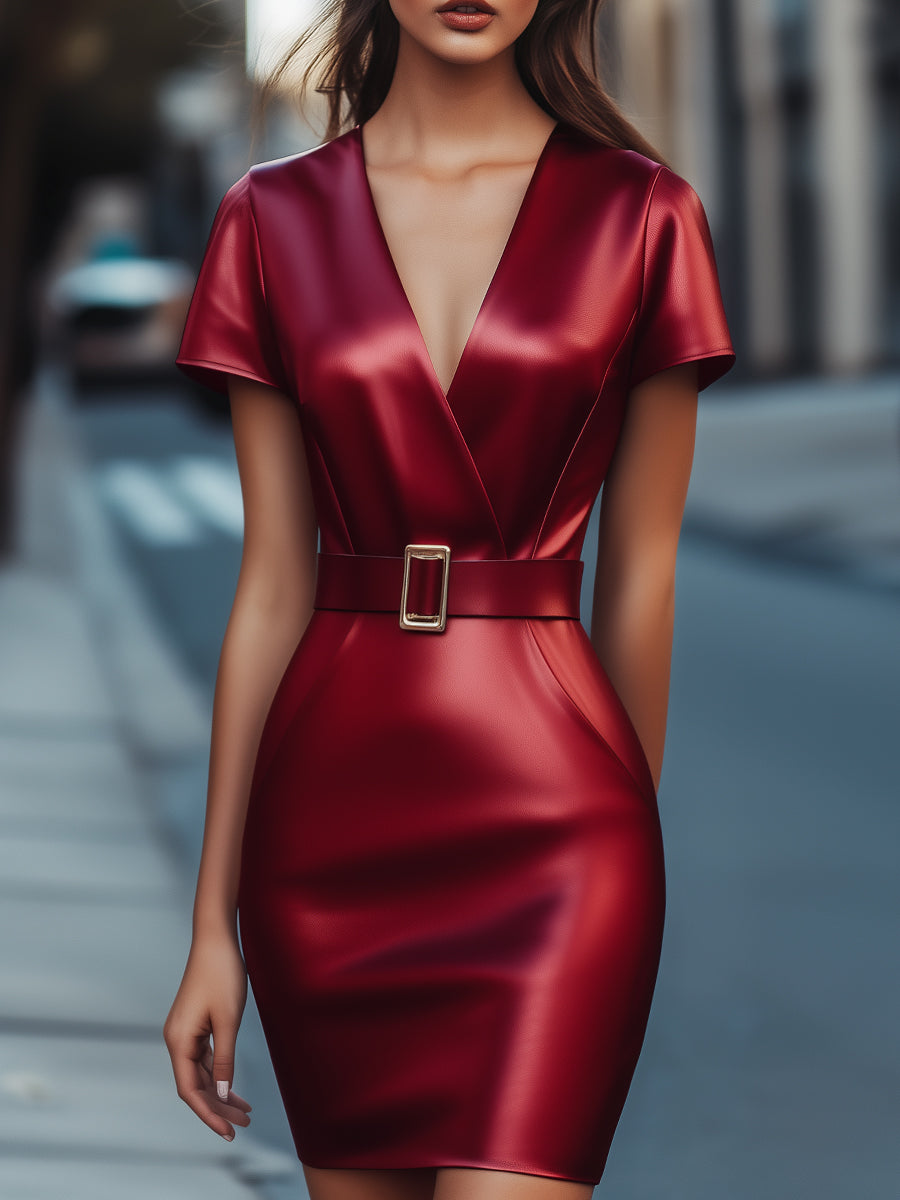 Urban Red Belted Faux Leather Bodycon Mini Dress