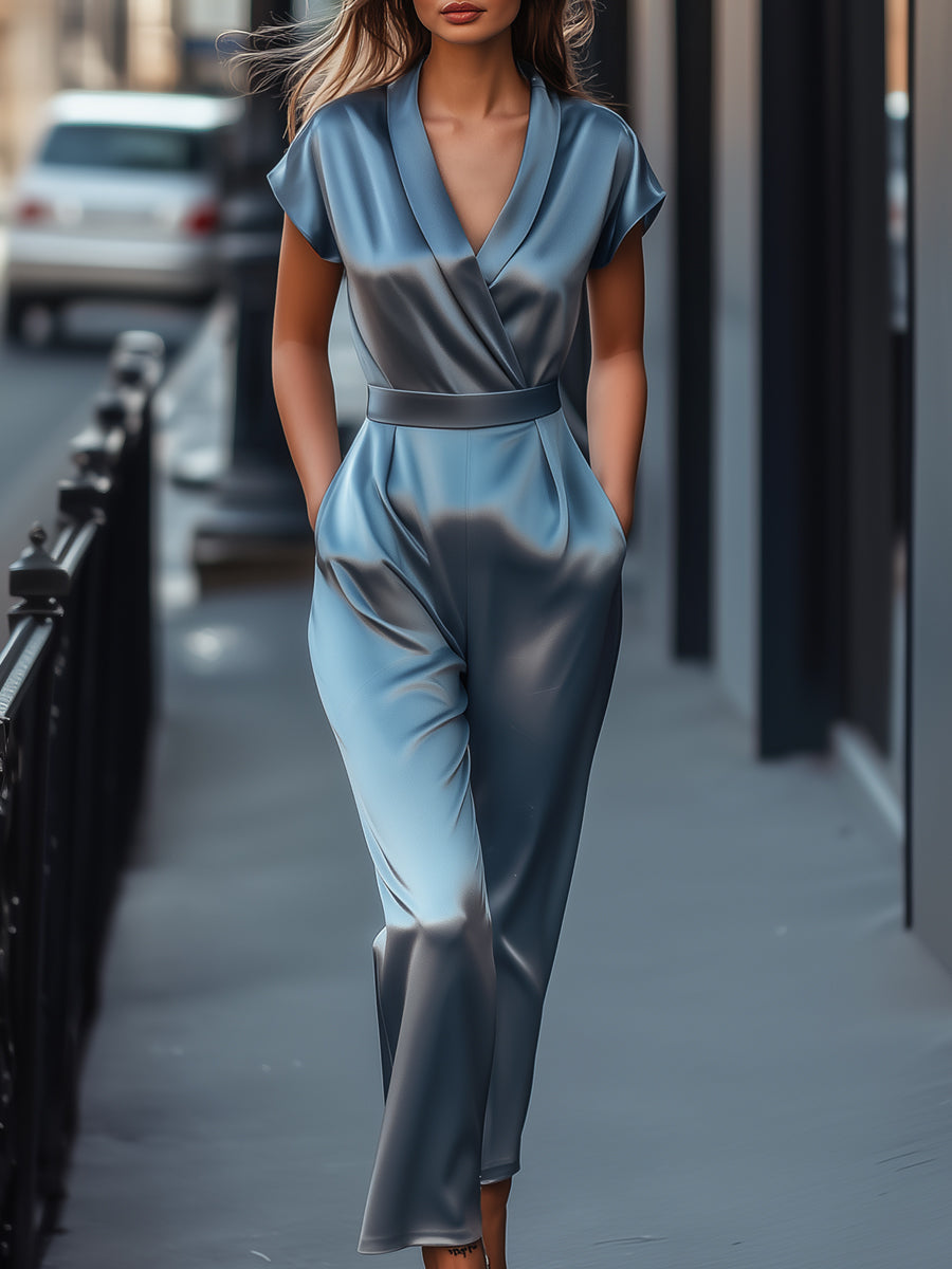 Satin Wrap Jumpsuit with Cap Sleeves