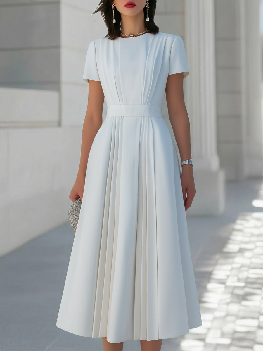Pleated Waist Sculpted A-Line Midi Dress