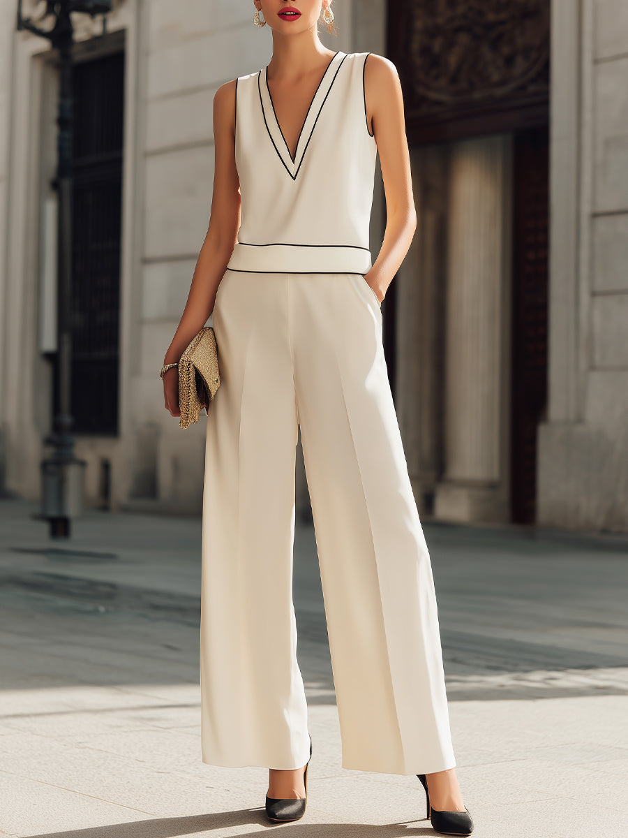 Sleeveless Contrast Trim Wide-Leg Pants Set