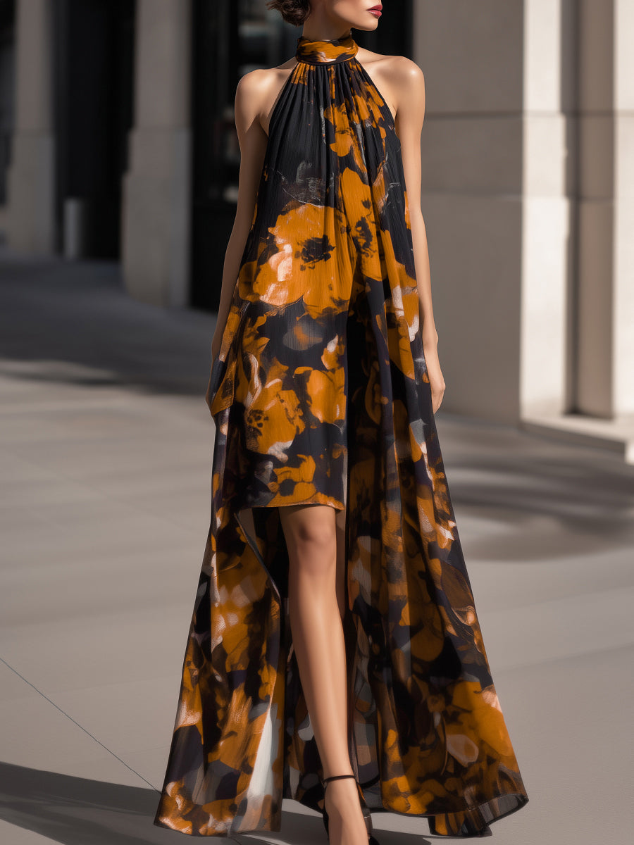 Halter-Neck Abstract Floral Chiffon High-Low Dress