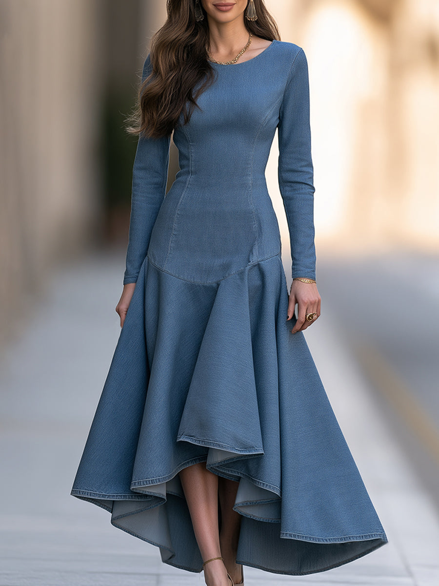 Elegant Blue Denim Long Sleeve Asymmetrical Ruffle Hem Midi Dress