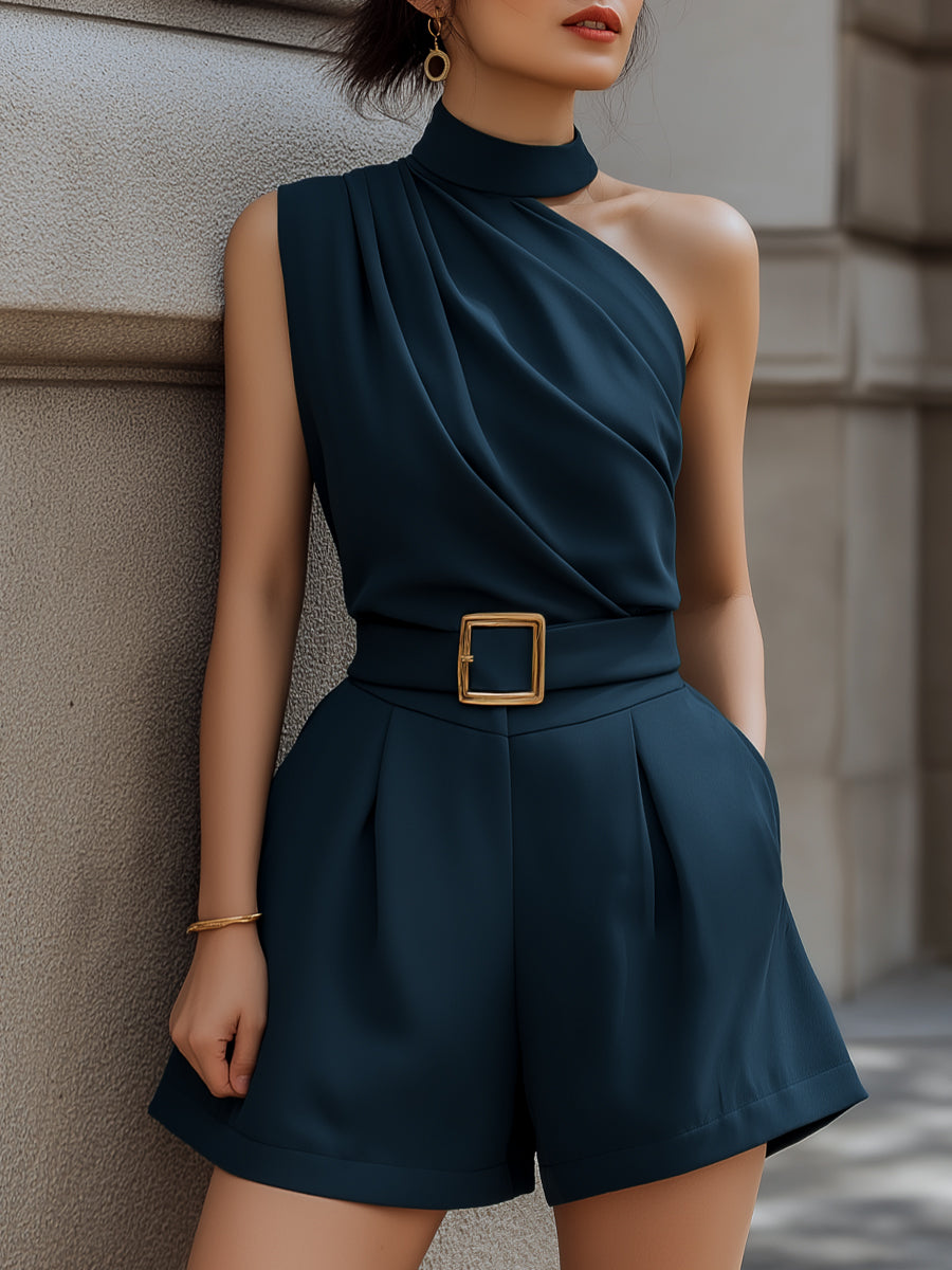 One-Shoulder Draped Belted Tailored Romper