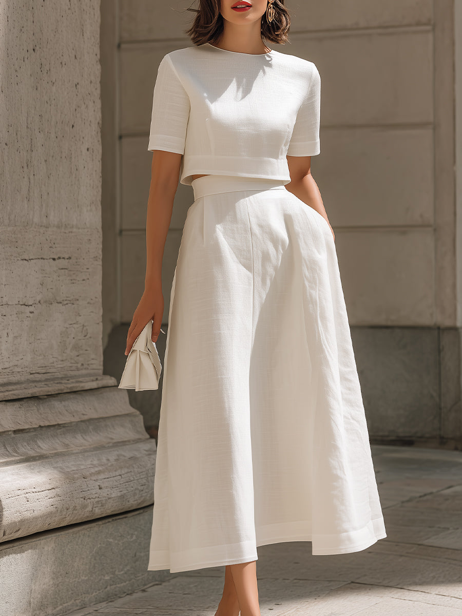 White Short Sleeve Crop Top & High-Waisted Pleated Midi Skirt