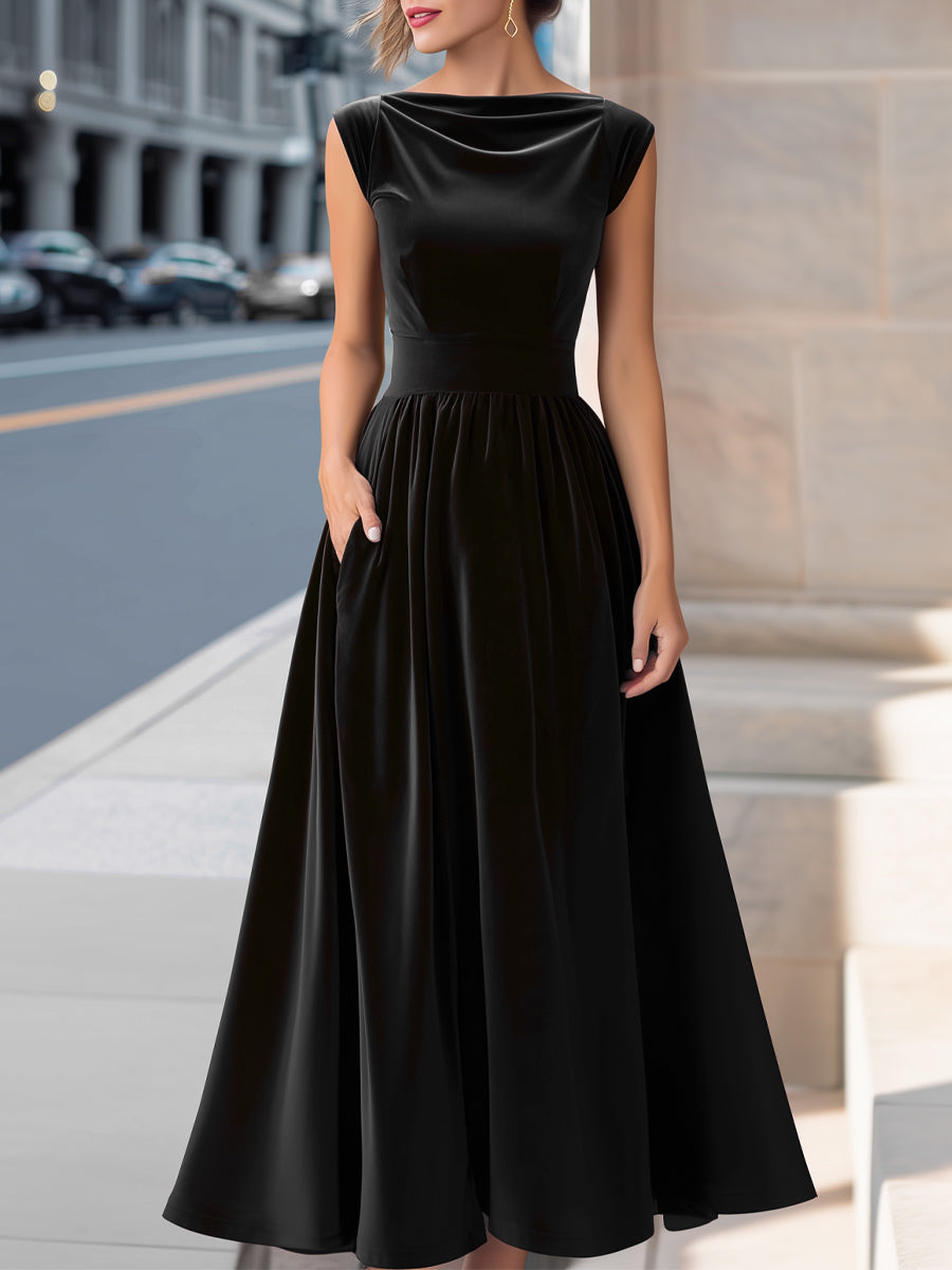 Velvet Boat-Neck Sleeveless A-Line Evening Gown