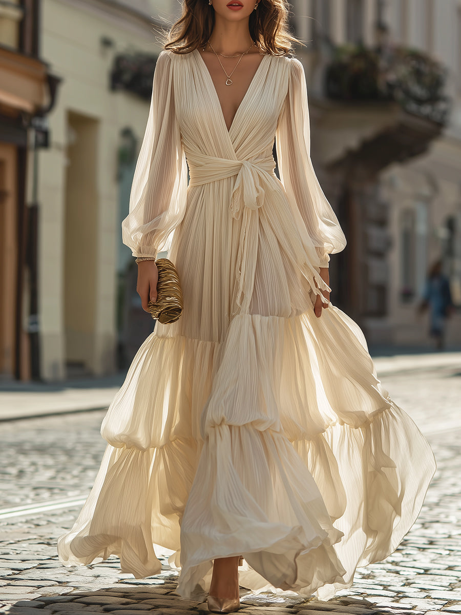 Plunging Neck Tie-Waist Tiered Maxi Dress