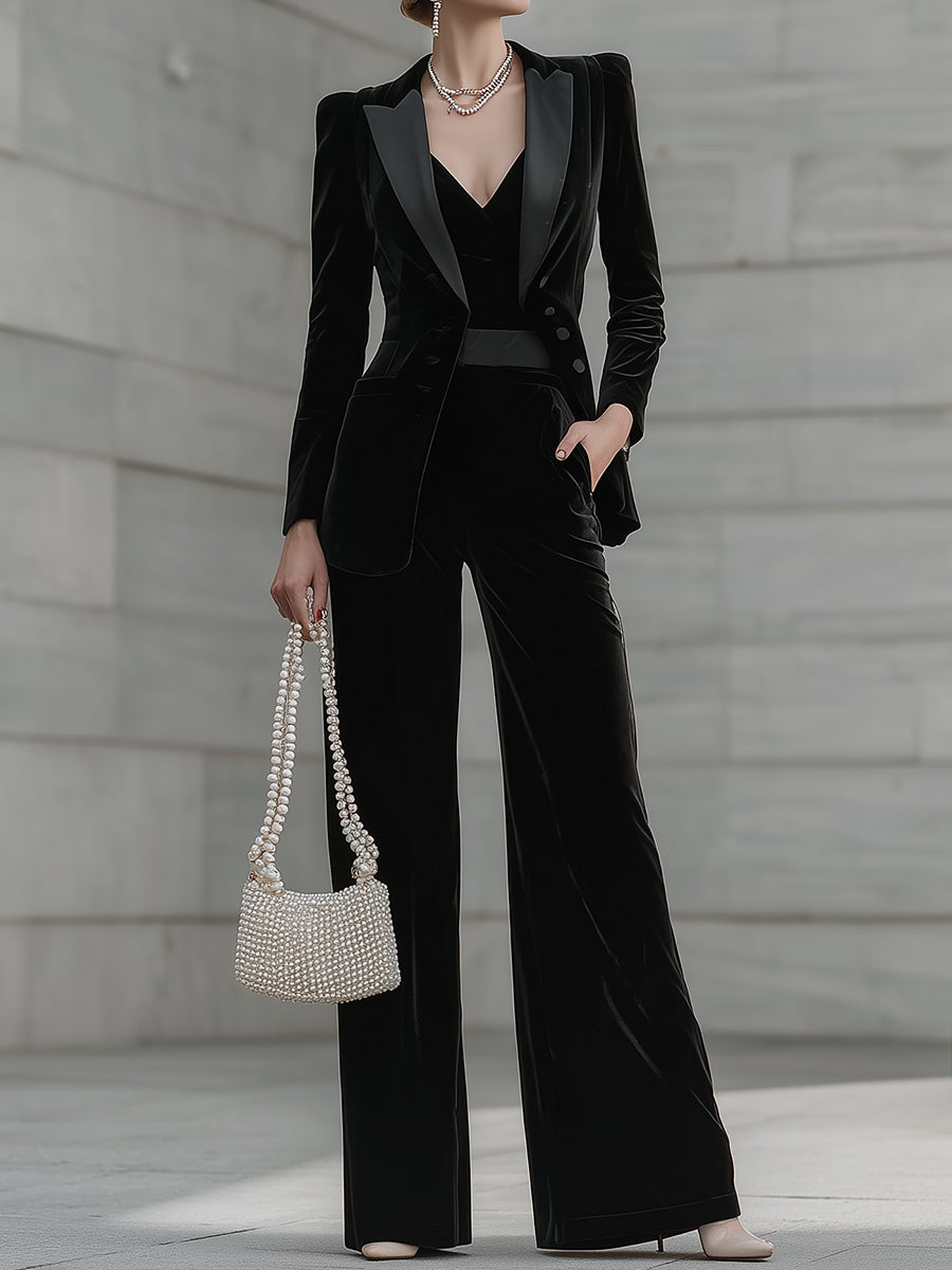 Black Velvet Tailored Blazer And Wide-Leg Trouser Suit Set