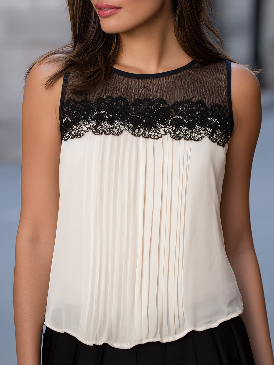 Lace-Trim Pleated Sleeveless Chiffon Blouse