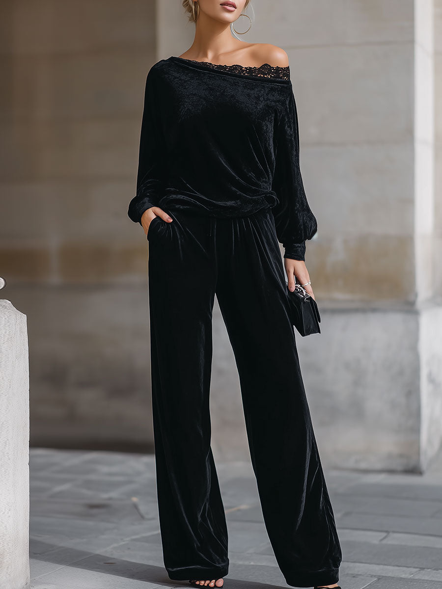 Off-Shoulder Black Velvet Lounge Set With Lace Detail