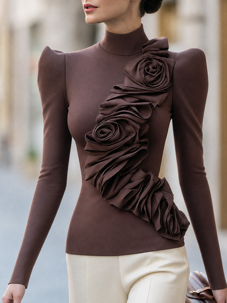 Puff Sleeve Mock Neck Top with 3D Rose Flower Applique
