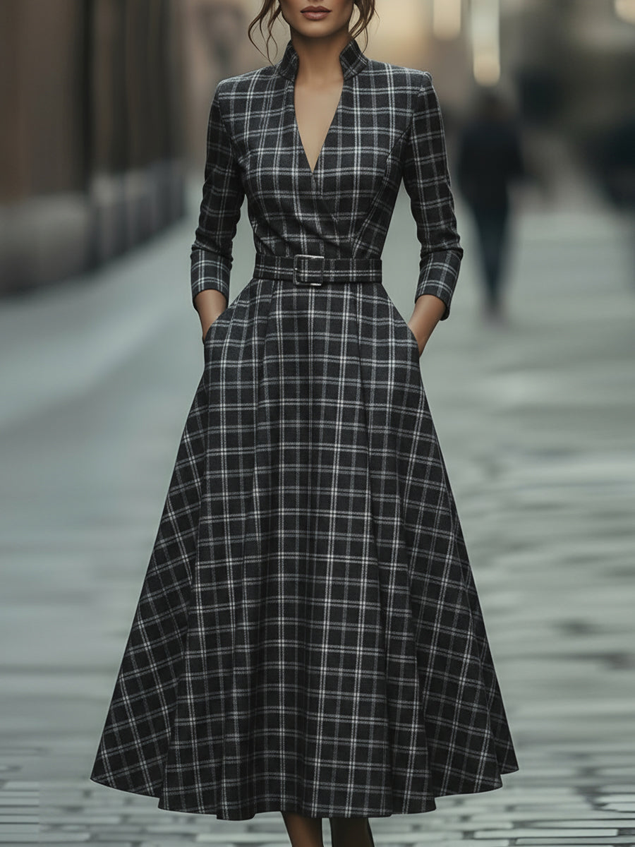 Plaid Check Belted Dress With V-Neckline