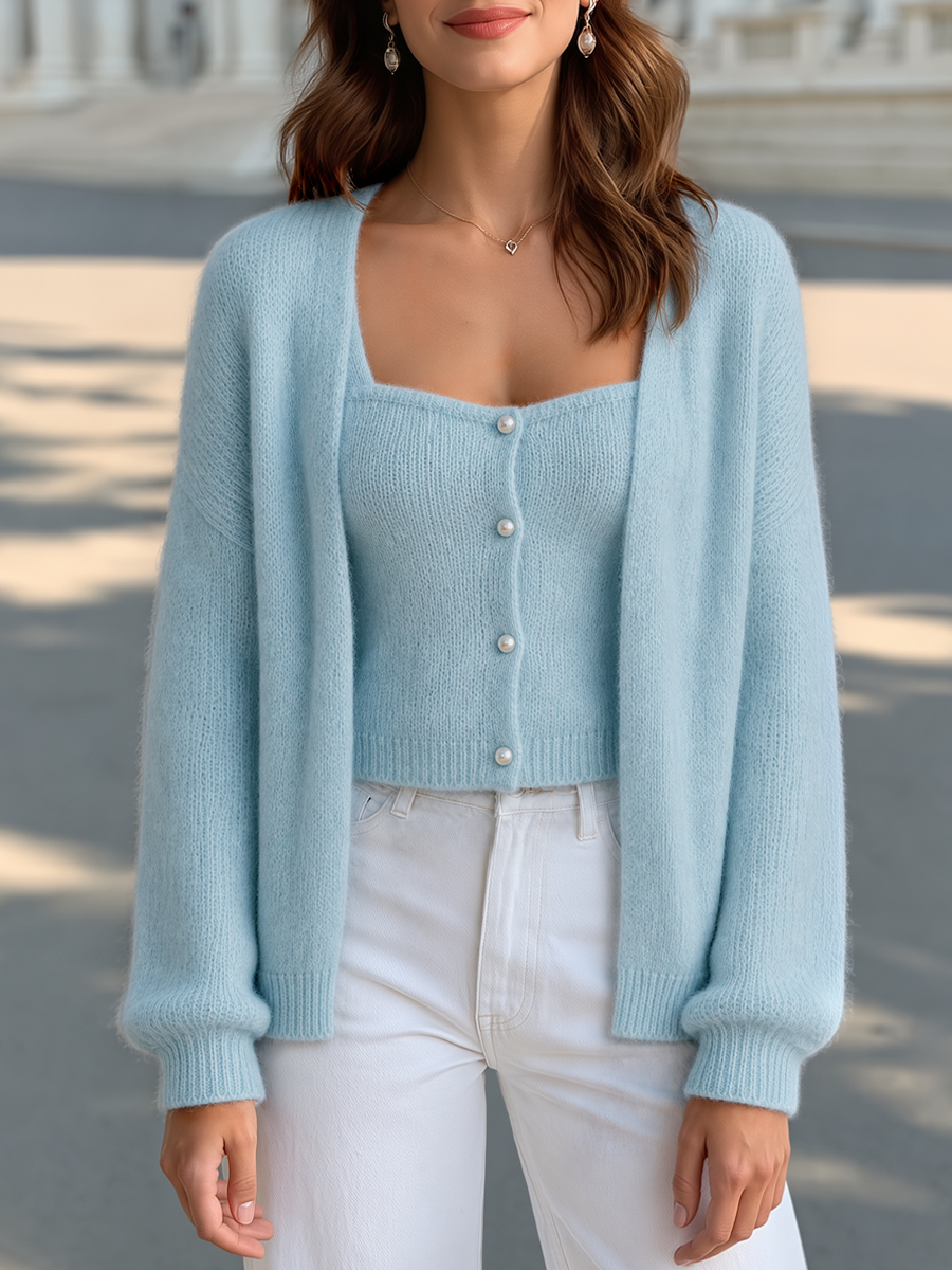 Pearl Button Knit Camisole & Cardigan Sweater Set
