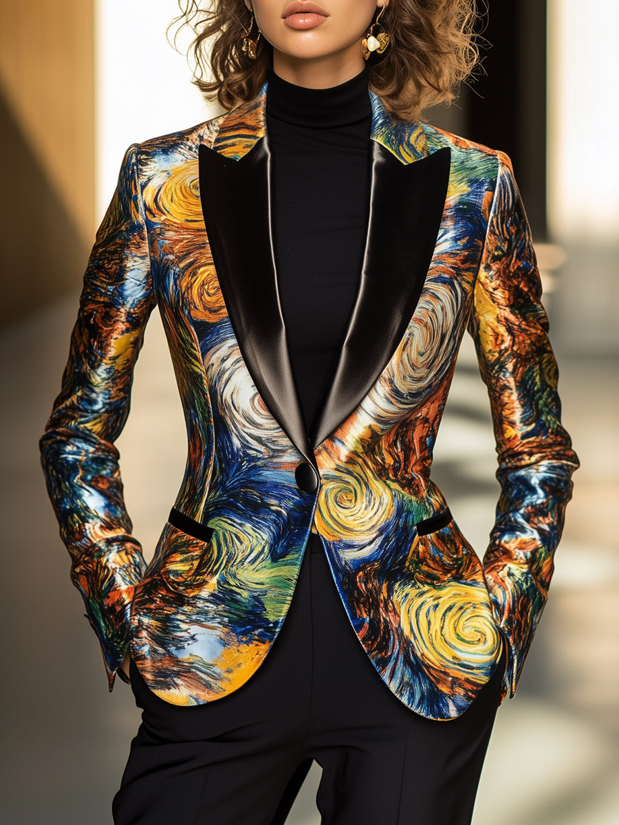 Van Gogh Inspired Starry Night Satin Blazer Statement Piece