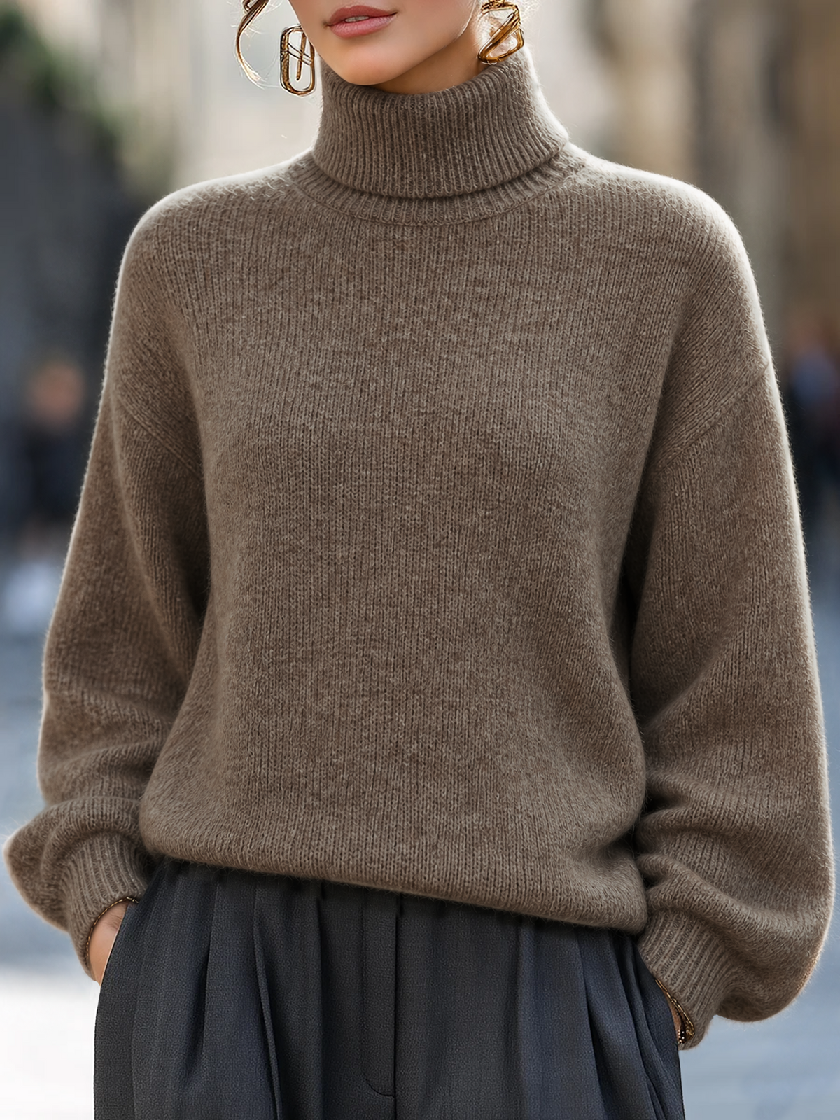 Soft Mohair-Blend Turtleneck Oversized Sweater